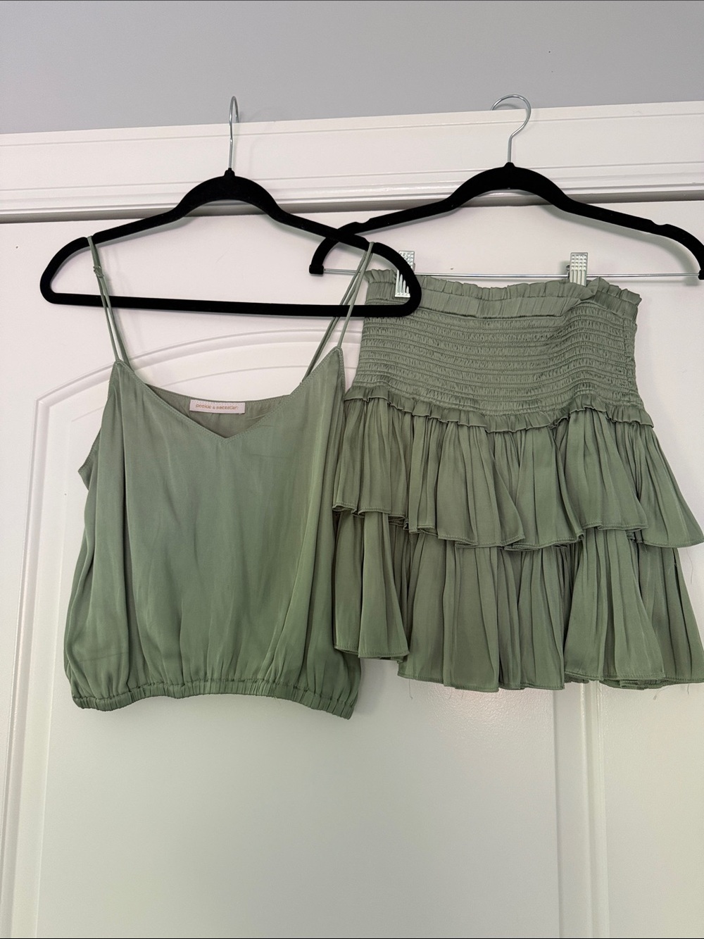 Pookie & Sebastian Tiered Ruffle Mini Skirt in Sage Green - Picture 2 of 5